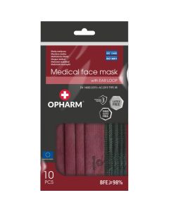 Opharm Kirurgisk munnbind Type 2R - Mørkerød - 10 stk