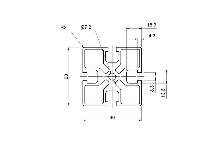Aluminiumsprofil 60x60mm - Spor 8, Modul 45