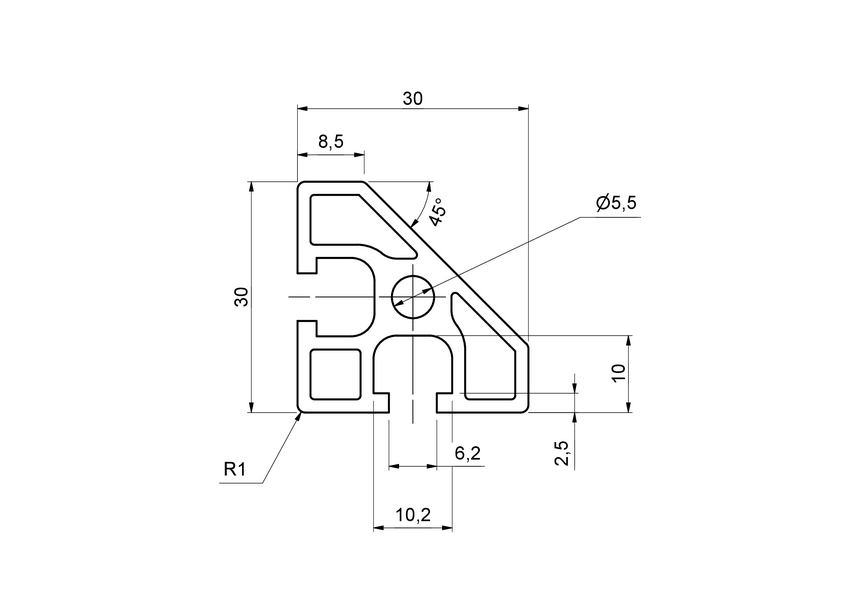 Aluminiumsprofil vinkel 30x30mm - lett Spor 6